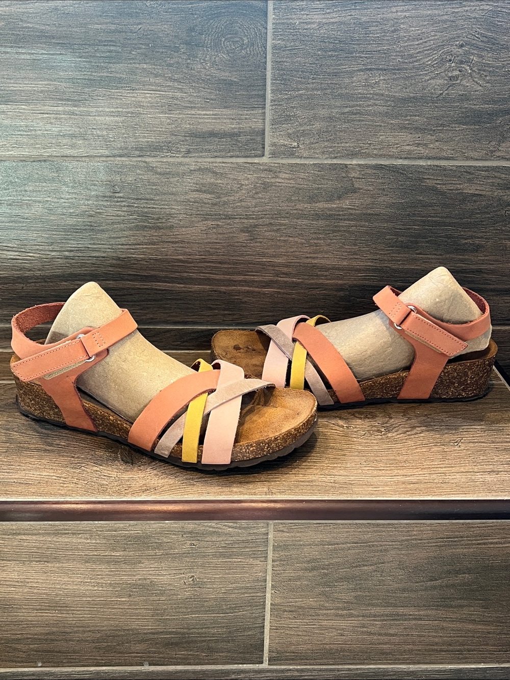 Leather Multi-Strap Cork Footbed Sandals in Pink/Coral & Pastels, Made in Italy